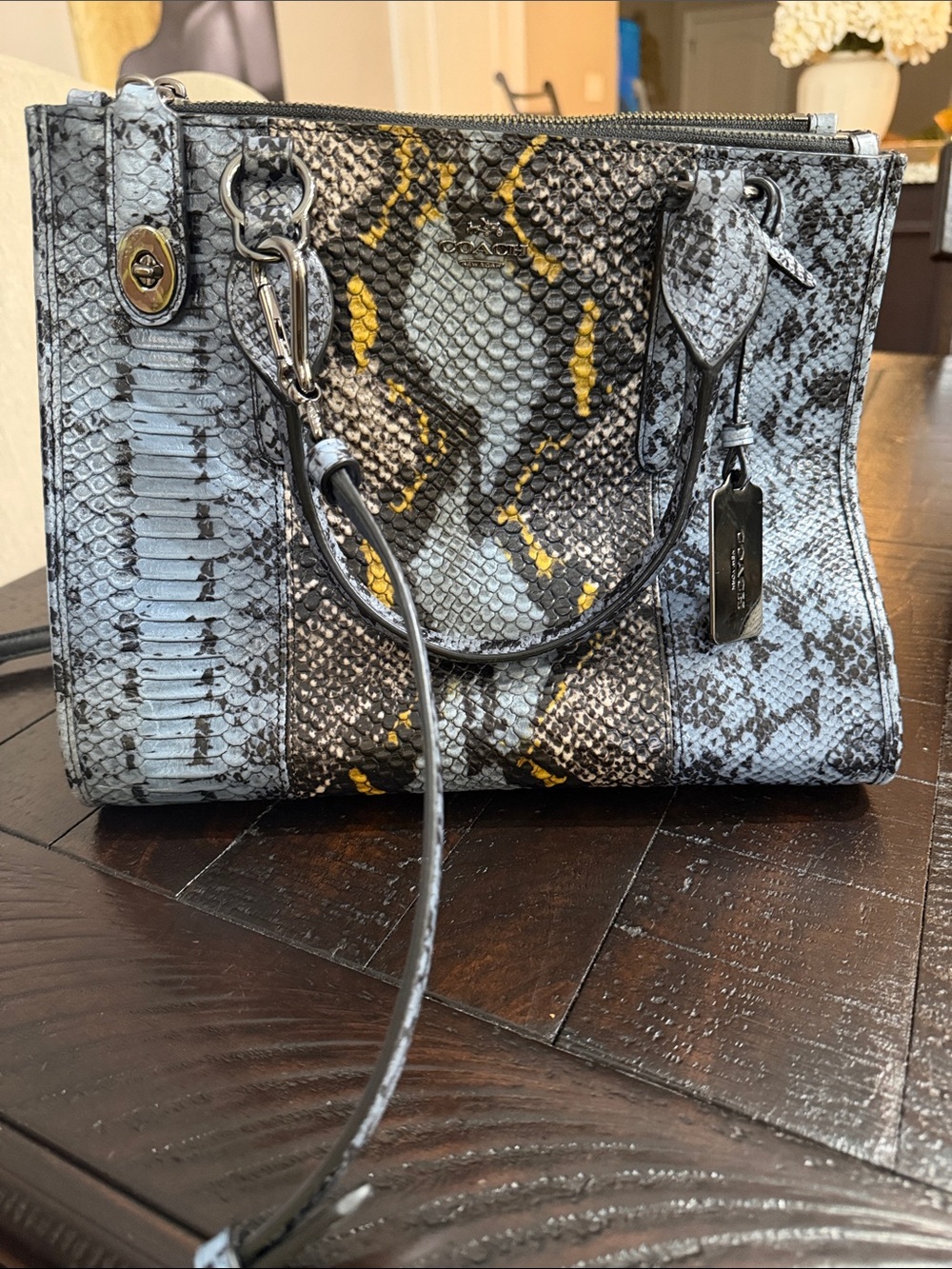 Coach Python-Print Leather Satchel in Gray and Yellow Accents